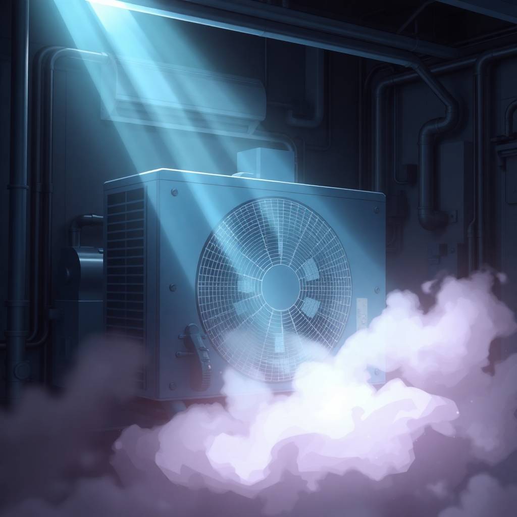 An isekai anime style depiction of an air conditioner compressor with volumetric lighting expressive composition and visible light beams passing through dust or fog - فروش قطعات و لوازم یدکی برودتی کولری یخچالی و سردخانه - آرادبرودت بهترین کمپرسور کولرگازی